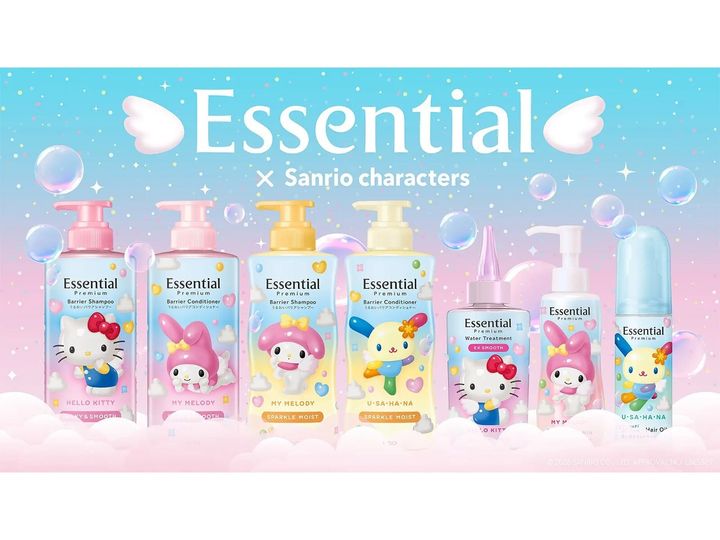 花王「エッセンシャル」がサンリオキャラクターズとコラボ！ ハローキティたちが天使姿になったオリジナル描き起こしデザインボトルを数量限定発売します。（サムネイル画像出典：プレスリリース）