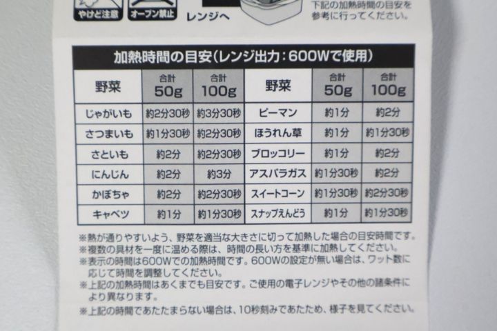ダイソー 「電子レンジ調理器 温野菜」 ￥110（税込）の電子レンジ加熱時間の目安