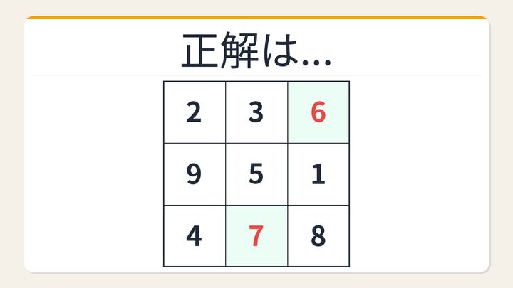 【数字パズル】秒で解けたら数学センスあり！完全魔方陣の解答画像