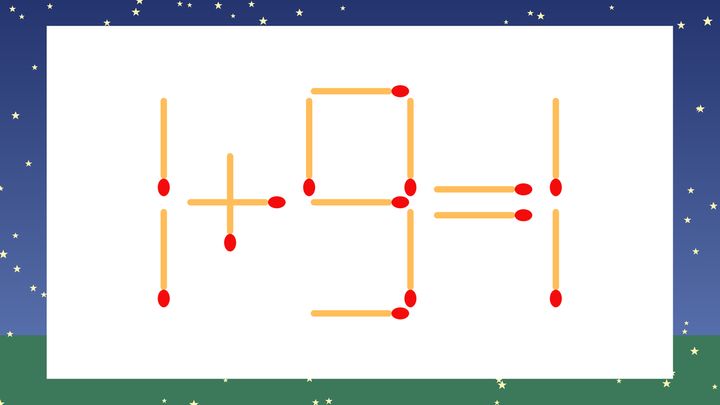【マッチ棒クイズ】1本だけ動かして正しい式に：1+9=1？の問題画像