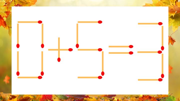 【マッチ棒クイズ】1本だけ動かして正しい式に：0＋5＝3？の問題画像