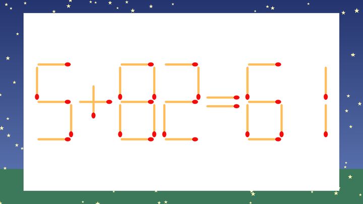 【マッチ棒クイズ】1本だけ動かして正しい式に：5+82=61？の問題画像