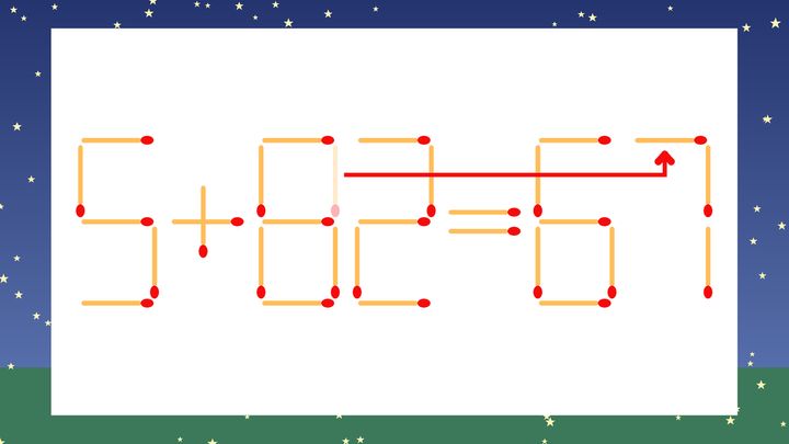 【マッチ棒クイズ】1本だけ動かして正しい式に：5+82=61？の解答画像