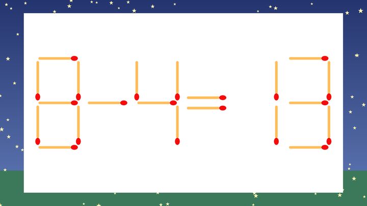【マッチ棒クイズ】1本だけ動かして正しい式に：8-4=13？の問題画像