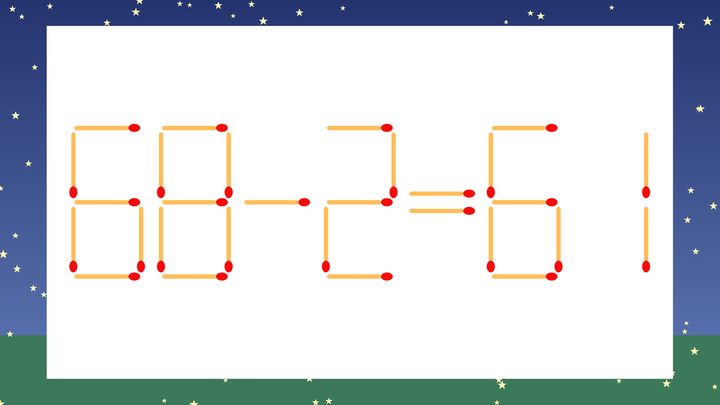 【マッチ棒クイズ】1本だけ動かして正しい式に：68-2=61？の問題画像