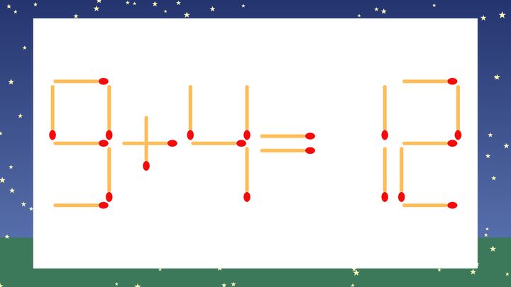 【マッチ棒クイズ】1本だけ動かして正しい式に：9+4=12？の問題画像