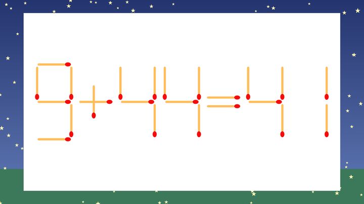 【マッチ棒クイズ】1本だけ動かして正しい式に：9+44=41？の問題画像