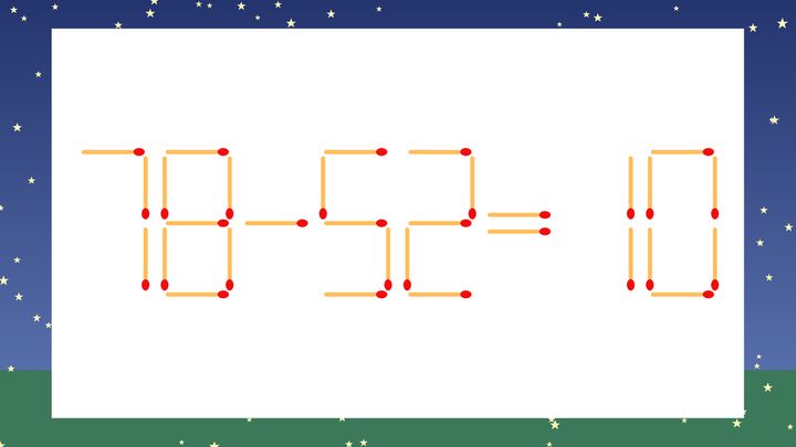 【マッチ棒クイズ】1本だけ動かして正しい式に：78-52=10？の問題画像