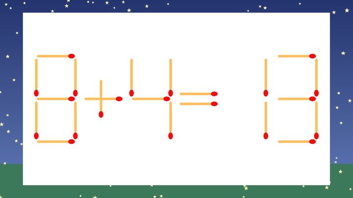 【マッチ棒クイズ】1本だけ動かして正しい式に：8+4=13？の問題画像