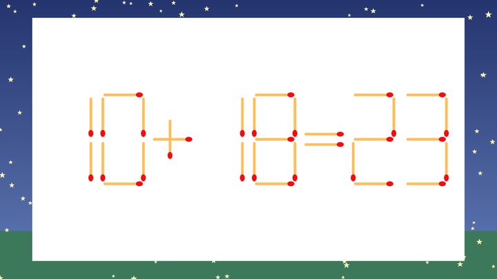 【マッチ棒クイズ】1本だけ動かして正しい式に：10+18=23？の問題画像