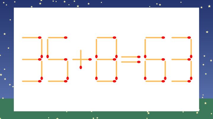 【マッチ棒クイズ】1本だけ動かして正しい式に：35+8=63？の問題画像