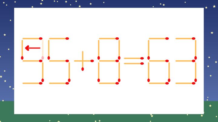 【マッチ棒クイズ】1本だけ動かして正しい式に：35+8=63？の解答画像