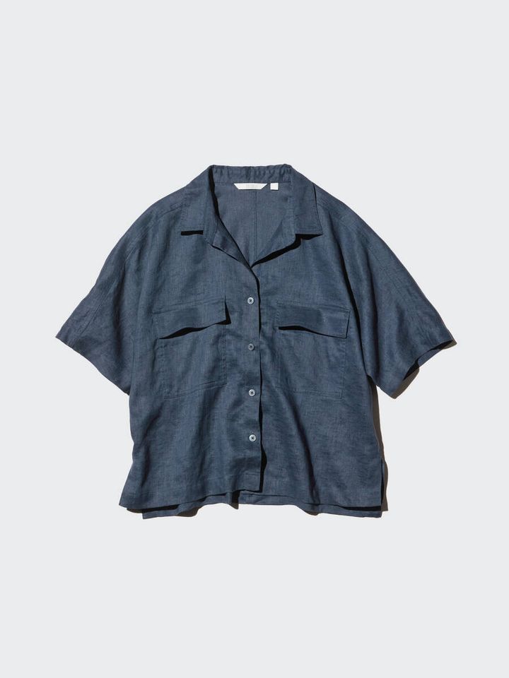 ネイビーのプレミアムリネンスキッパーボクシーシャツ