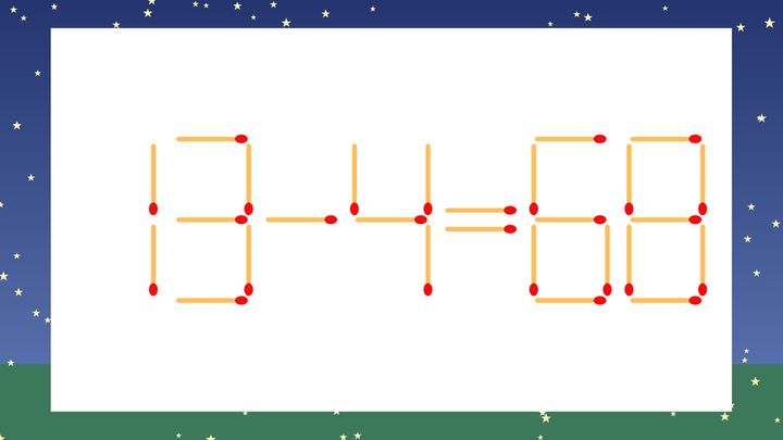 【マッチ棒クイズ】1本だけ動かして正しい式に：13-4=68？の問題画像