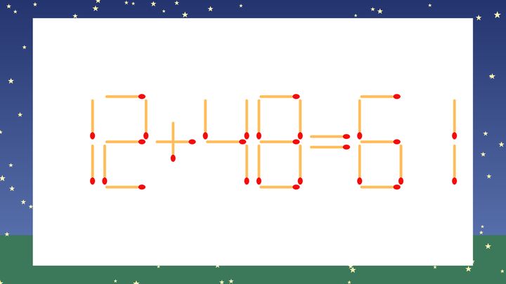 【マッチ棒クイズ】1本だけ動かして正しい式に：12+48=61？の問題画像