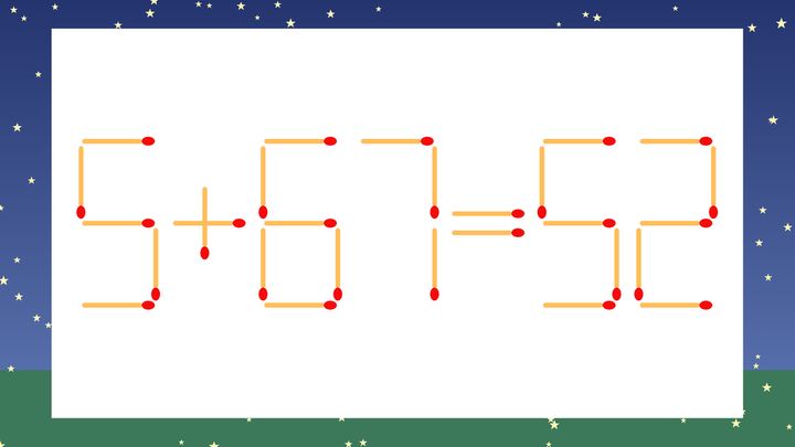 【マッチ棒クイズ】1本だけ動かして正しい式に：5+67=52？の問題画像