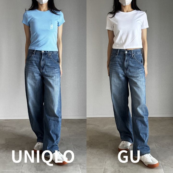 女性がユニクロとGUのミニTを着てワイドデニムを合わせた全身比較