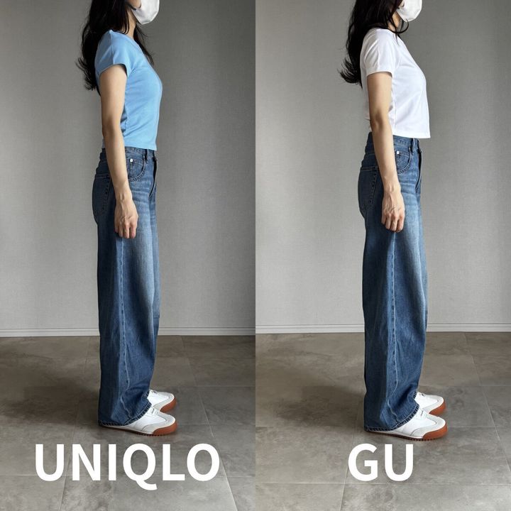 女性がユニクロとGUのミニTを着てワイドデニムを合わせた全身比較の横姿