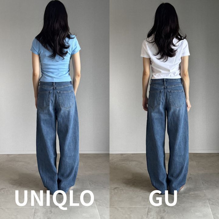 女性がユニクロとGUのミニTを着てワイドデニムを合わせた全身比較の後ろ姿