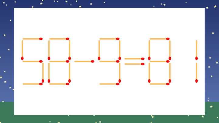 【マッチ棒クイズ】1本だけ動かして正しい式に：58-9=81？の問題画像