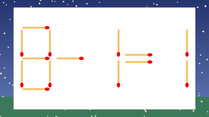 【マッチ棒クイズ】1本だけ動かして正しい式に：8-1=1？の問題画像