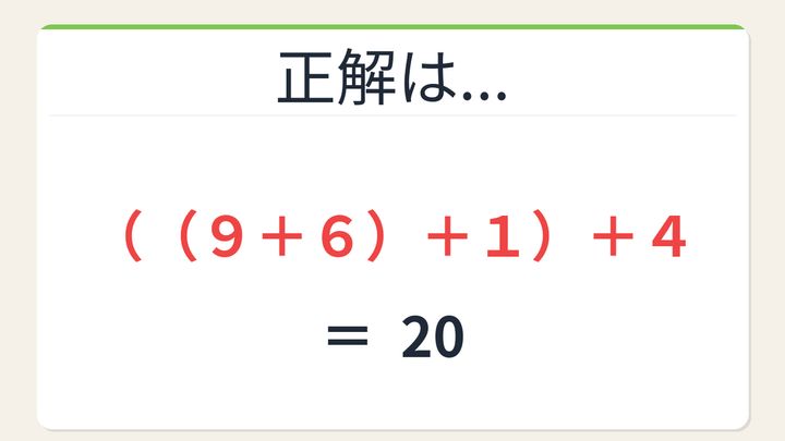 【数式パズル】実は簡単？難しい？9・6・1・4で20を作ろう！の解答画像