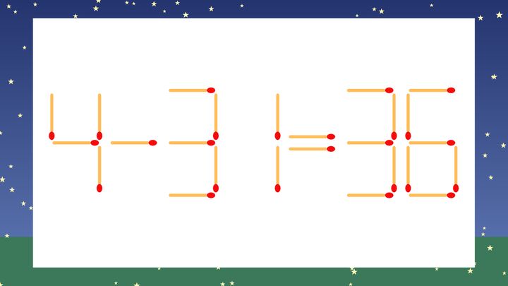 【マッチ棒クイズ】1本だけ動かして正しい式に：4-31=36？の問題画像