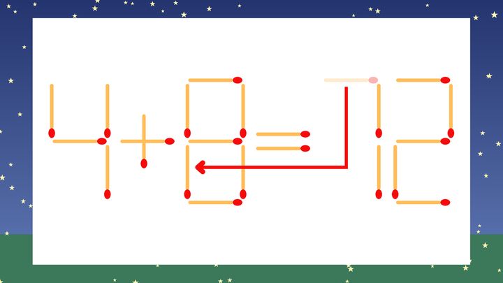 【マッチ棒クイズ】1本だけ動かして正しい式に：4+9=72？の解答画像