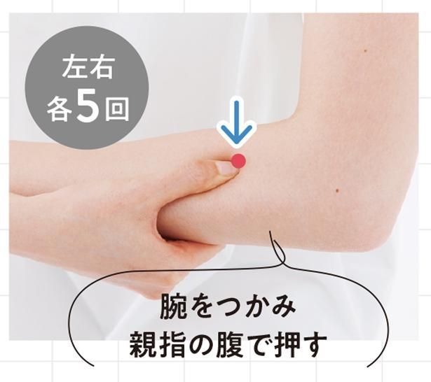腕をつかみ親指の腹で押す 撮影／山上 忠