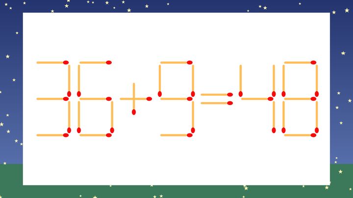 【マッチ棒クイズ】1本だけ動かして正しい式に：36+9=48？の問題画像