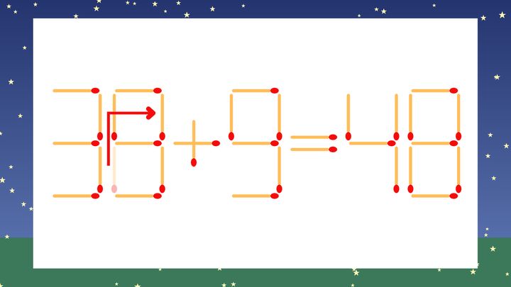 【マッチ棒クイズ】1本だけ動かして正しい式に：36+9=48？の解答画像