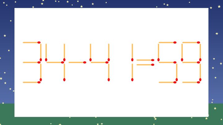 【マッチ棒クイズ】1本だけ動かして正しい式に：34-41=59？の問題画像