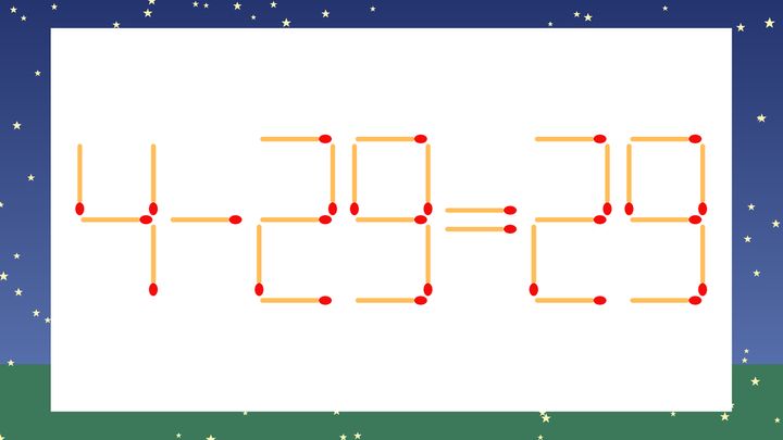 【マッチ棒クイズ】1本だけ動かして正しい式に：4-29=29？の問題画像