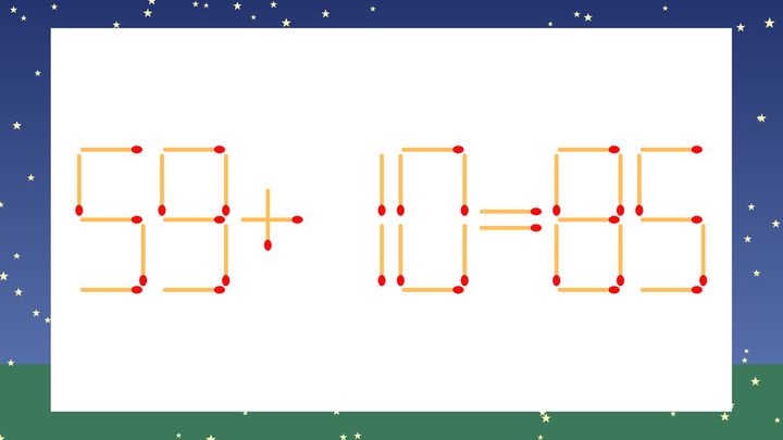 【マッチ棒クイズ】1本だけ動かして正しい式に：59+10=85？の問題画像