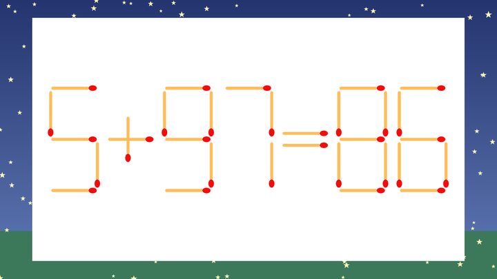 【マッチ棒クイズ】1本だけ動かして正しい式に：5+97=86？の問題画像
