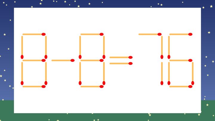 【マッチ棒クイズ】1本だけ動かして正しい式に：8-8=76？の問題画像