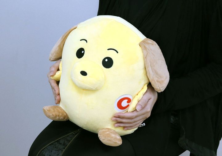 女性がカスタム君のぬいぐるみを膝に乗せて抱えている