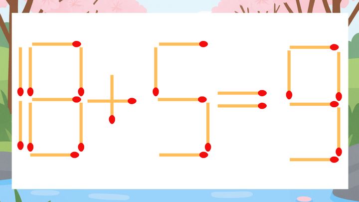 【マッチ棒クイズ】1本だけ動かして正しい式に：18+5=9？の問題画像