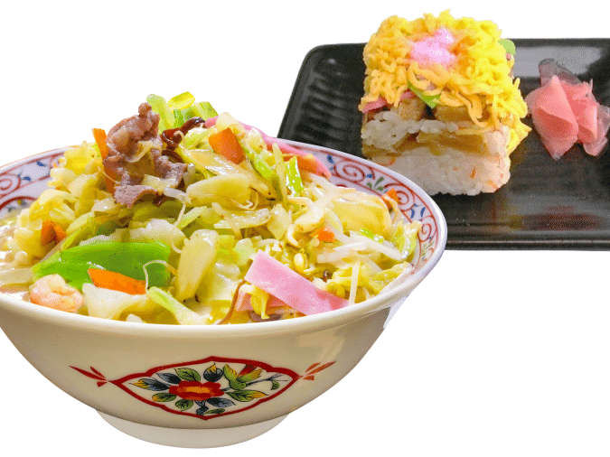 大村湾パーキングエリア 野菜たっぷり長崎ちゃんぽん大村寿司セット