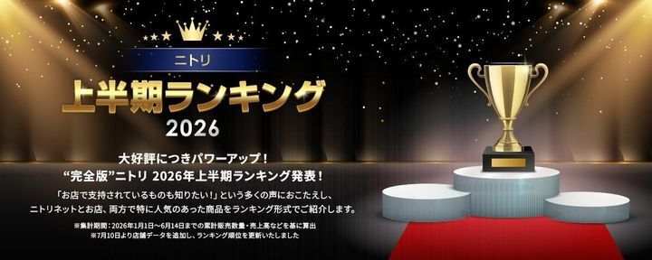 金色のトロフィーと「ニトリ 上半期ランキング 2026」の文字が書かれたバナー