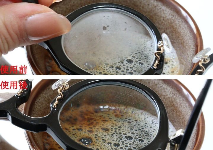 黒いフレームのメガネをカップに乗せ、温かい飲み物の湯気でレンズがくもる「使用前」と、くもりが解消された「使用後」を比較