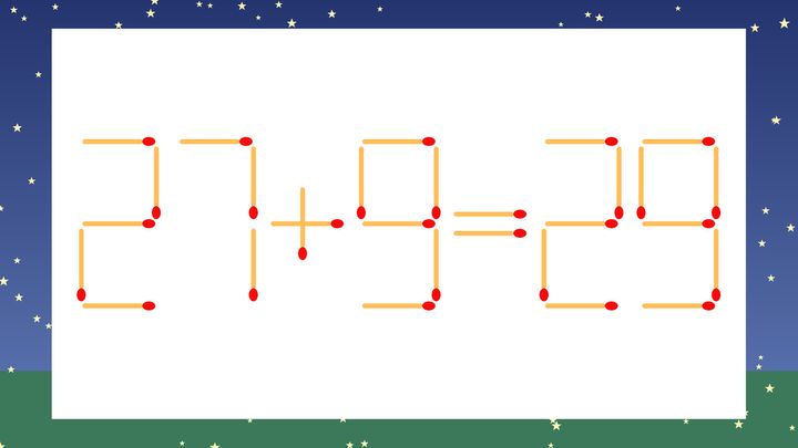 【マッチ棒クイズ】1本だけ動かして正しい式に：27+9=29？の問題画像