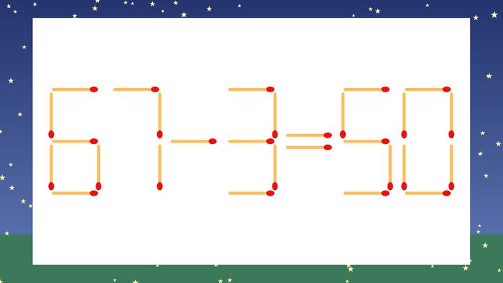 【マッチ棒クイズ】1本だけ動かして正しい式に：67-3=50？の問題画像