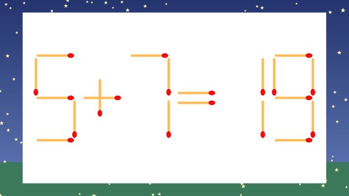【マッチ棒クイズ】1本だけ動かして正しい式に：5+7=19？の問題画像