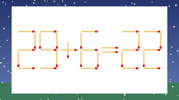 【マッチ棒クイズ】1本だけ動かして正しい式に：29+6=22？の問題画像