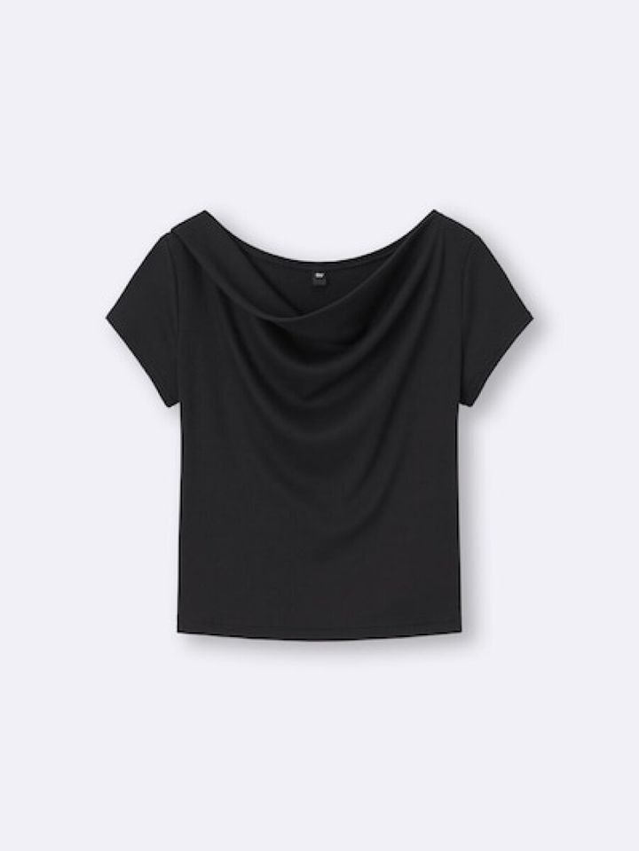 黒いドレープネックTシャツの平置き