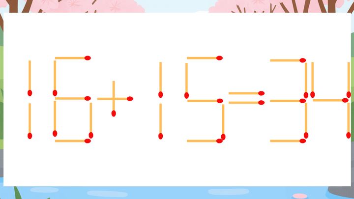 【マッチ棒クイズ】1本だけ動かして正しい式に：16+15=34？の問題画像