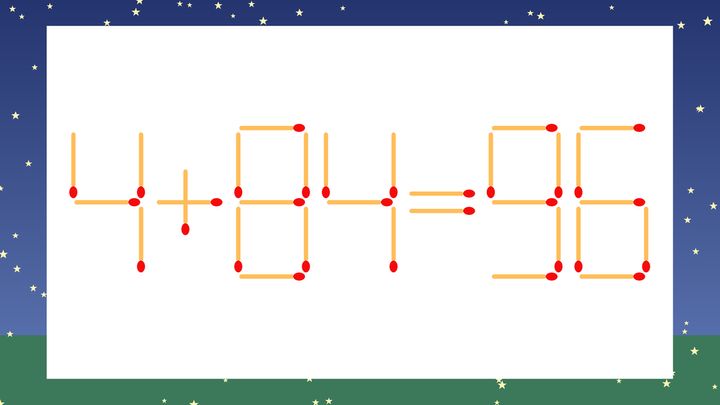 【マッチ棒クイズ】1本だけ動かして正しい式に：4+84=96？の問題画像