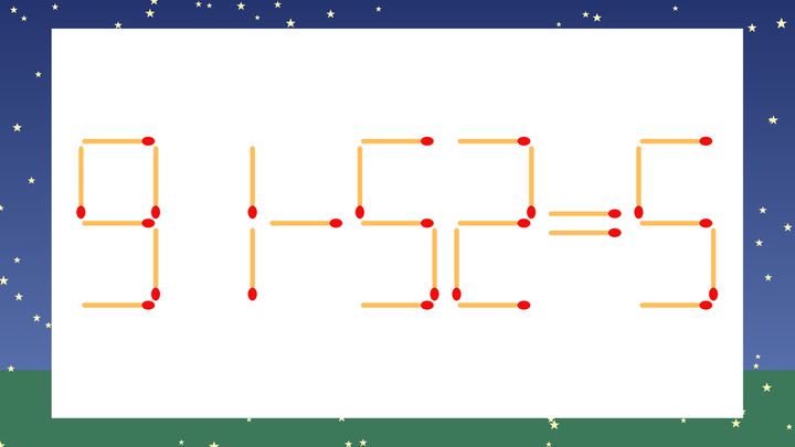 【マッチ棒クイズ】1本だけ動かして正しい式に：91-52=5？の問題画像