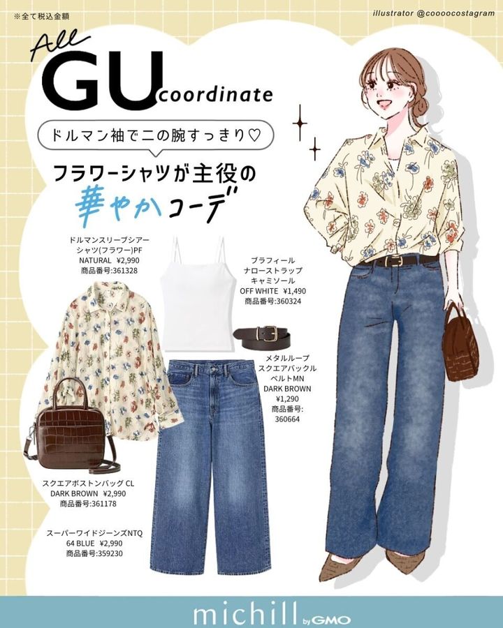 花柄シアーシャツとデニムのコーデイラストと商品情報